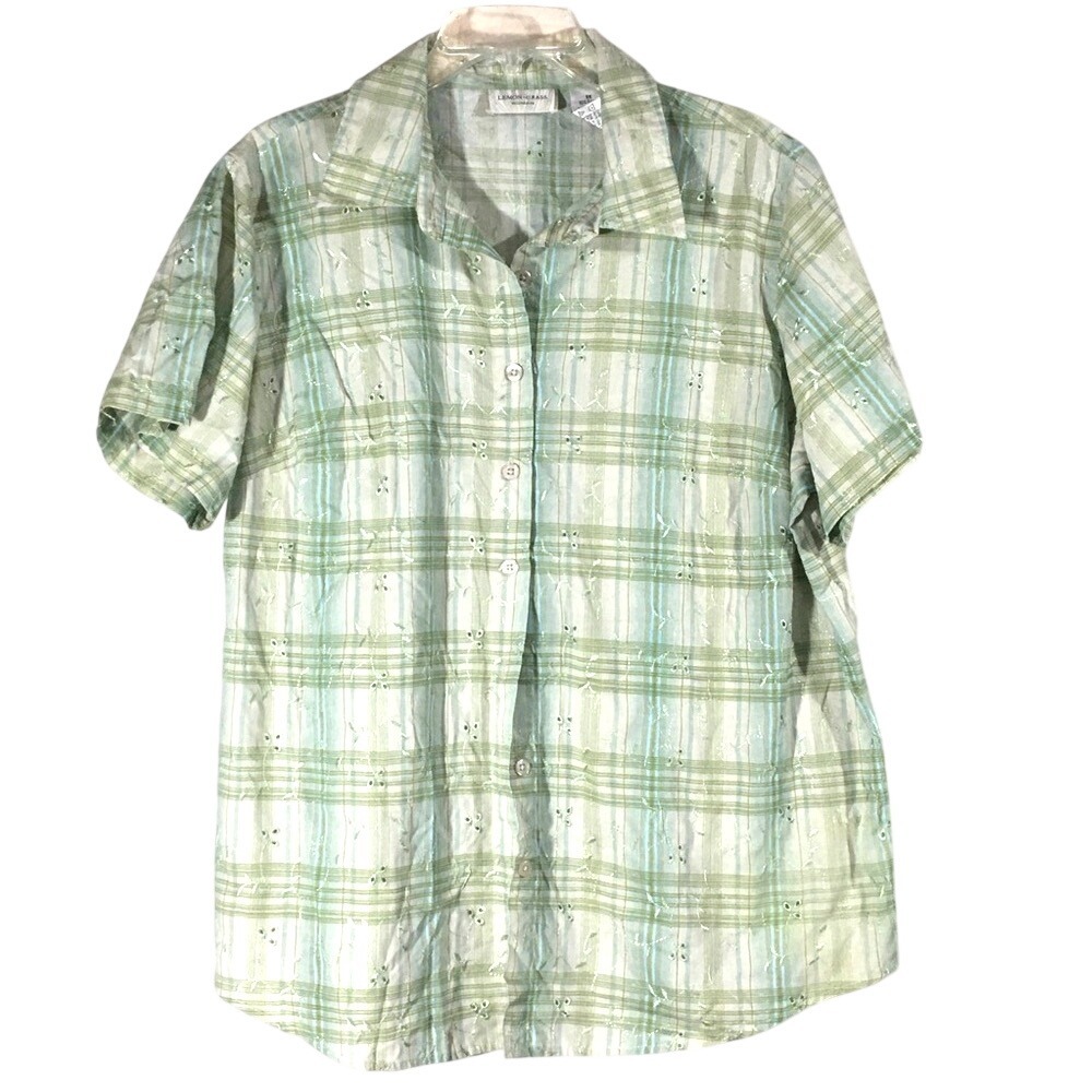 Lemon Grass Woman Plaid Eyelet Embroidered Button Up Shirt 1X Green Blue